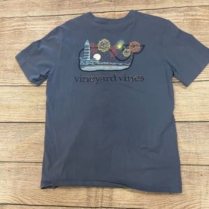 Vineyard, vine, short sleeve T-shirt steel blue has light house on back size med
